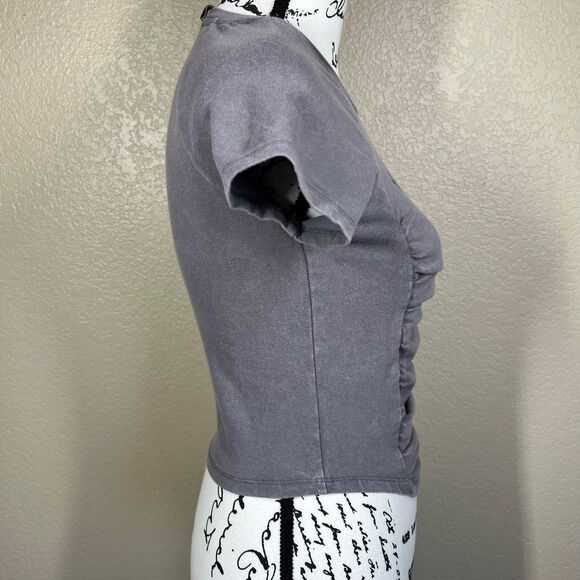 Just Polly Grey Crew neck Ruched-Front Baby Tee T-Shirt size M  Brooklyn casual - Picture 9 of 11